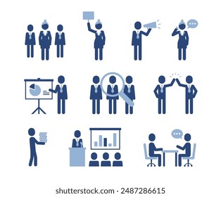 Business people icon pictograms. Leadership training, meeting and corporate career. Modern simple style pictogram concept. Blue color characters set. Simple material design for web and website.