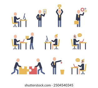 Business people icon pictograms. Leadership training, meeting and corporate career. Modern simple style pictogram concept. Blue color characters set. Simple material design for web and website.