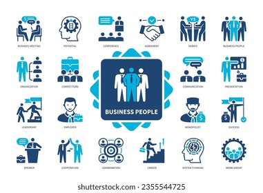 Business People icon set. Career, Business Meeting, Agreement, Competitors, System Thinking, Speaker, Work Group, Conference. Duotone color solid icons