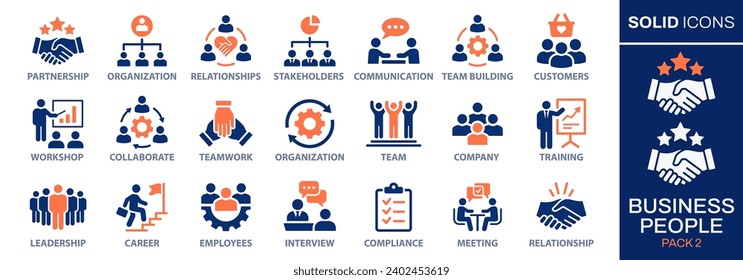 Business people icon set. Collection of team building, leadership, workshop, teamwork, career and more. Vector illustration. Easily changes to any color.