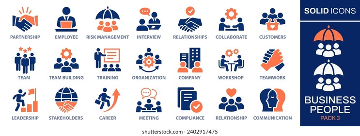 Business people icon set. Collection of team, leadership, workshop, employee, career and more. Vector illustration. Easily changes to any color.