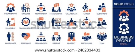 Business people icon set. Collection of team, leadership, workshop, employee, career and more. Vector illustration. Easily changes to any color.