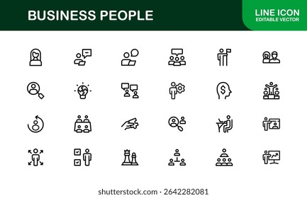 Business People Icon Set Featuring Professionals, Teamwork, Leadership, and Collaboration in Vector Style