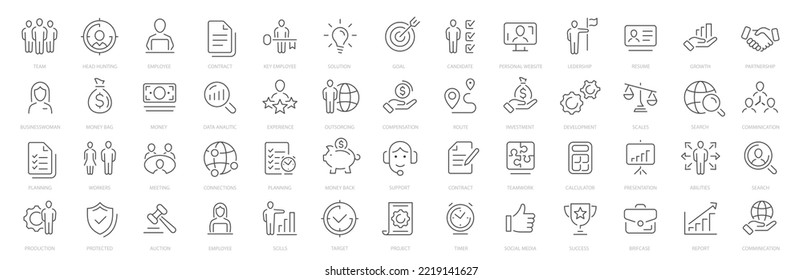 Business People Icon Set. Set von Geschäftspartnern Symbole, wie z. B. Treffen. Personalwesen, Büromanagement - Thin-line-Web-Icon-Set. Kollektion von Symbolen in einer Übersicht. Vektorgrafik