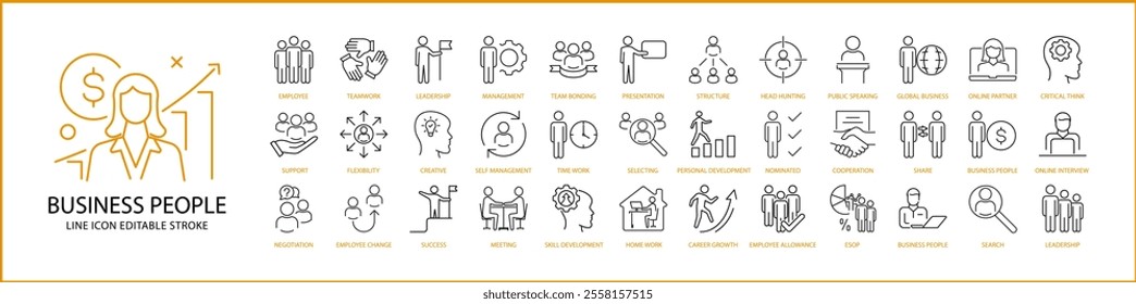 Business people Icon Set In line Style. Business People Icons. Vector Illustration. Editable Stroke.