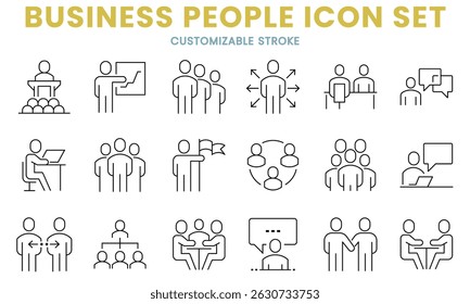 Business people icon set, person, group, team, leader, meeting, organization, member, presentation, people, conference, customizable stroke, vector, illustration
