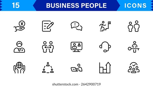 Business People Icon Set Representing Leadership, Teamwork, Meetings, Growth, and Success in a Minimalist, Professional, and Download-Ready Style