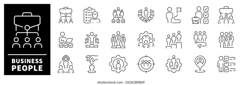 Conjunto de ícones de pessoas de negócios. Coleção de ícones da linha fina de empresários. Equipe, parceria, liderança, workshop, funcionário, carreira, progresso, empresário, ícones relacionados aos negócios