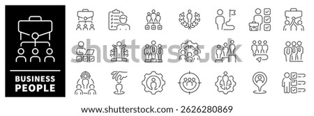 Business people icon set. Business people thin line icons collection. Team, partnership, leadership, workshop, employee, career, progress, businessman, business related icons