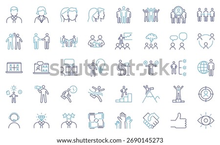 Business people icon set. Thin line editable stroke icons. Teamwork, leadership, communication, presentation, negotiation, meeting, success, remote work, decision making, professional collaboration.