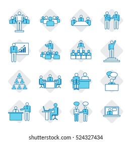 Business people icon set,vector illustration.Leadership training,meeting and corporate career.Modern linear pictogram concept.Outline color symbol collection.Simple material design for web and website