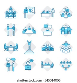 Business people icon set,vector illustration.Leadership training,meeting and corporate career.Modern linear pictogram concept.Outline color symbol collection.Simple material design for web and website