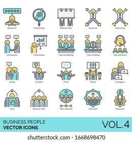 Iconos de gente de negocios incluyendo estrellas de calificación, sobresaliente, hombre de cartelera, expansión, reducción de tamaño, introducción, presentación, reunión interna, cliente, teleconferencia, chismes, queja, caos, protesta.