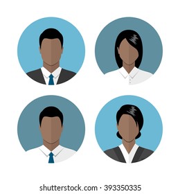 Business people icons isolated on white background. African american ethnic people avatars. Circle avatar collection. Modern flat style design