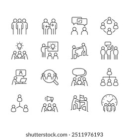 Iconos de la gente de negocios, administración, empleados, cooperacion, reunión, golpe editable. comunidad, social, amistad, personas, aldea, relaciones, diversidad, Asistencia, Ilustración vectorial