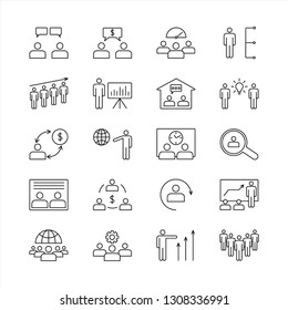 Business people icons. Office teamwork group, team brainstorm or work presentation and business partners. Collaborate research or leader support thin silhouette symbols. Isolated line icon vector set