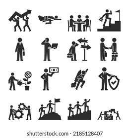 Los iconos de la gente de negocios están configurados. Empresario con diferentes situaciones. Luchando por un objetivo, trabajo en equipo, trabajando con dinero, carrera. Icono blanco y negro monocromo. ilustración vectorial aislada