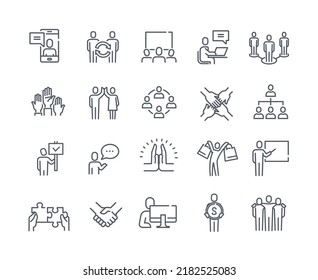 Business people icons set. Collection of graphic elements for site. Teamwork, partners, coworkers and colleagues. Negotiations and deals. Cartoon flat vector illustrations isolated on white background