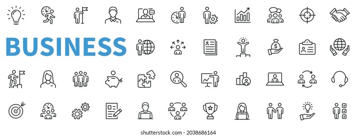 Business people icons set. Contains such icons as businessman, talk, goal, work, team and more. Outline icons collection. Line style - stock vector.