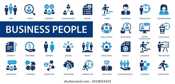 Business people icons set. Human resources, office management - thin flat web icon set. Businessman outline icons collection. Outline icons collection.