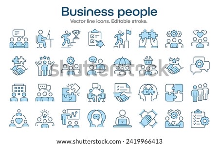 Business people icons, such as team, partnership, workshop, employee, career and more. Vector illustration isolated on white. Editable stroke. Change to any size and any color.