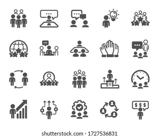 Business people icons. Team, meeting, job structure. Group people, communication, member icons. Congress, talk person, partnership. Job interview, business idea, voting. Quality design element. Vector