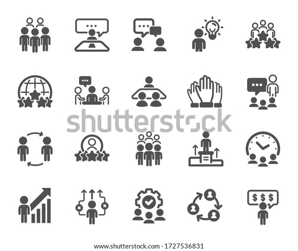 Business people icons. Team, meeting, job\
structure. Group people, communication, member icons. Congress,\
talk person, partnership. Job interview, business idea, voting.\
Quality design element.\
Vector