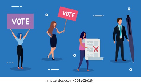 business people with icons of voting vector illustration design