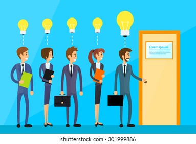 Business People Idea Concept Light Bulb Hold Door Handle Open, Businesspeople Candidate Flat Vector Illustration