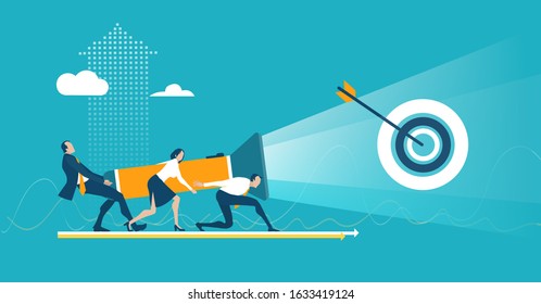 Business people illuminating with torch the target. Finding solution, support and working together, Business professional world of advisory. Concept illustration 