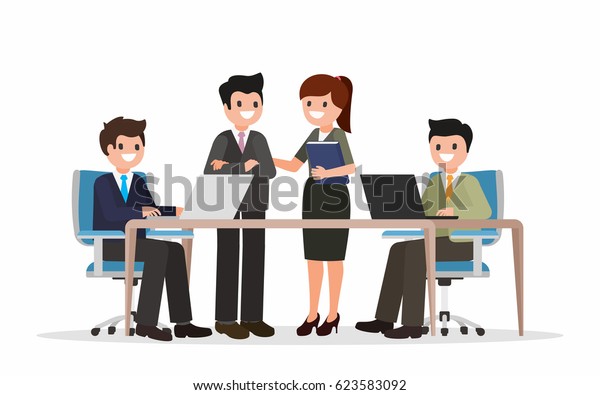 ビジネスマンのイラスト フラットデザインのビジネスマンやビジネスマンのキャラクターが漫画に描かれています オフィスチームワークのコンセプト 分離型 ベクター画像 のベクター画像素材 ロイヤリティフリー