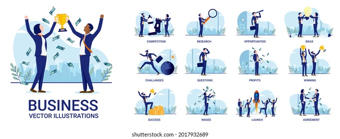 Business people illustration collection - Set of business concepts with activities like competition, research, ideas, profits and more. Vector format with white background