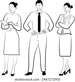 Business people illustration, Isolated succesful bussiness team, Hand drawn in thin line style