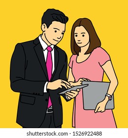 Business People Illustration, Man and woman, worker, suit and tie, laptop, tablet. Hand drawn, flat design, cartoon, vector art, ligne claire style.