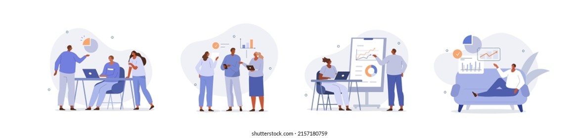 Business people illustration set. Characters working at home office and coworking space. People talking with colleagues and planning business strategy. Vector illustration.