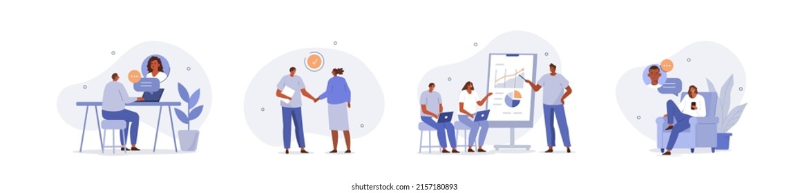 
Business people illustration set. Characters working at home and coworking office. People talking with colleagues and planning business strategy. Vector illustration.