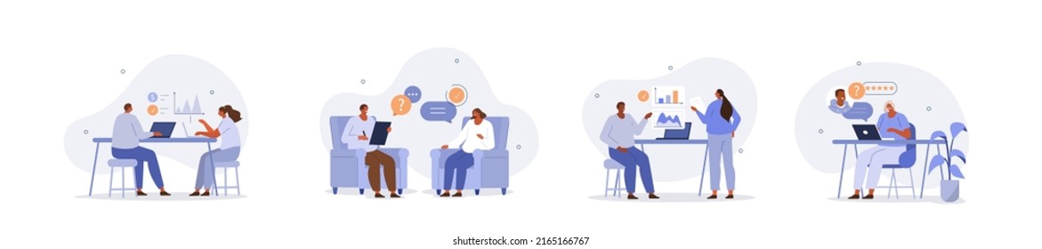 Business people illustration set. Characters working at office. People talking with colleagues and customers, planning financial strategy and interviewing job candidates. Vector illustration.
