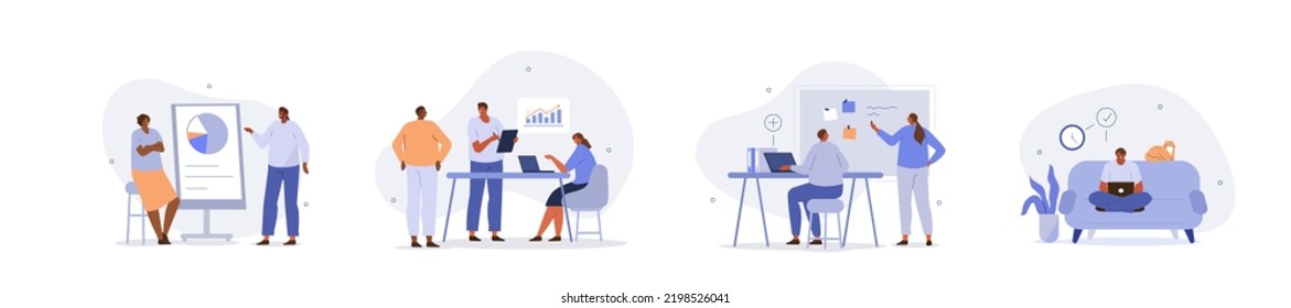 Business people illustration set. Characters working at home office and coworking space. People talking with colleagues, planning corporate strategy, analyzing financial graphs. Vector illustration.