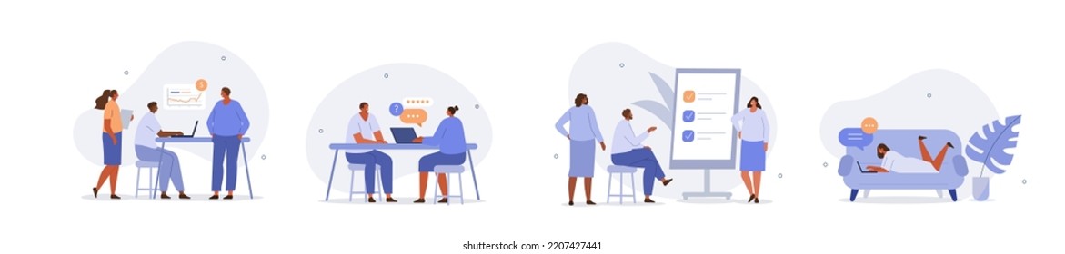 Business people illustration set. Characters working at home office and coworking space. People talking with colleagues, planning corporate strategy, analyzing graphs. Vector illustration.