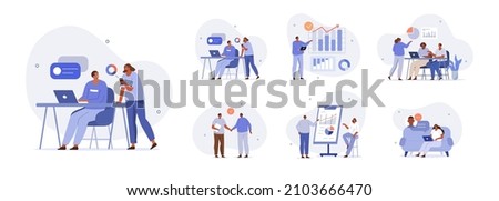 Business people illustration set. Characters working at home office and coworking space. People talking with colleagues. Vector illustration.