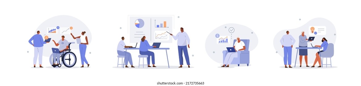 Business people illustration set. Diverse characters and persons with disability working together at office. People talking with colleagues and planning financial strategy. Vector illustration.