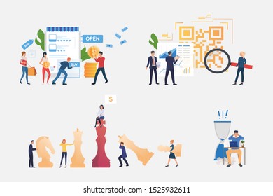 Business people illustration set. People doing shopping in internet store, analyzing sales reports, playing chess. Business concept. Vector illustration for posters, presentations, landing pages