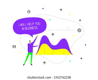 Business people illustrations in commerce space. Human analysis work and develop trade talent. Learning managers. Good ideas with full color design in awesome style. Vector isolated illustration.