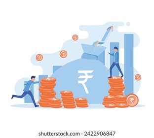 Business people are increasing Rupee coins with ever increasing graph. flat vector modern illustration 