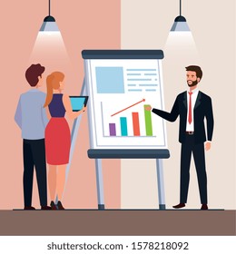 business people with infographics presentation vector illustration design