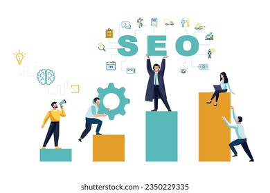 Business people, Infographics. Vector illustration, people running to their goal on a column, motivation movement, path, SEO. Business growth chart. Flat design, teamwork concept, finance development