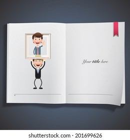 Business people inside frame printed on book