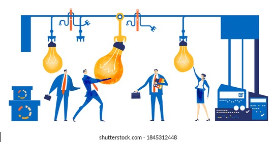 Business people inspection factory. Business people stand next to line belt and watching robotic arm working. Factory producing light bulbs, as  symbol of great idea. 