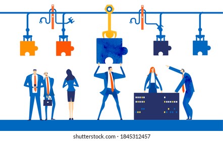 Business people inspection factory. Business people stand next to line belt and watching robotic arm working. Factory producing puzzle pieces
