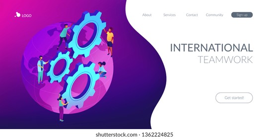 Business people international team turning gears on the globe. International business, global business collaboration, international teamwork concept. Isometric 3D website app landing web page template